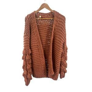 Wishlist Chunky Knit Cardigan Rust Orange Bubble Sleeve Sweater Boho M/L‎ Cozy